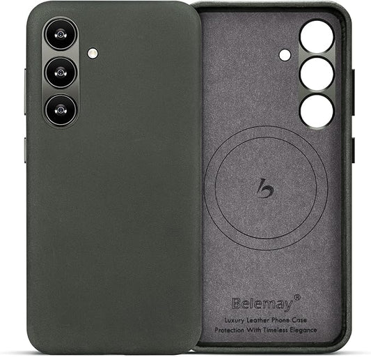 Belemay Leather Case for Samsung Galaxy S24 Compatible with Magsafe - Premium Crazy Horse Leather [Vintage Aesthetics] Unique Patina, Comfort Grip, Metal Buttons, Slim&Soft Cover (6.2") Rustic Green
