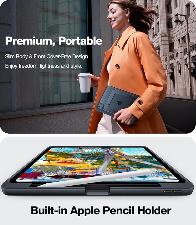 TORRAS for iPad Air 11 inch Case (M3 2025, M2 2024), iPad Air 5th, 4th Generation Case, Ultra Stable Stand, Multiple Adjustable Viewing Angles, Protective Kickstand Cover with Pencil Holder, Black