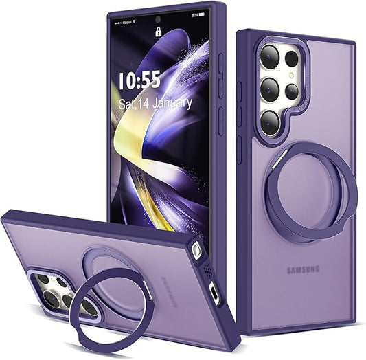 Compatible with Samsung Galaxy S22 & S23 Ultra Case with 360Rotatable Magnetic Ring Stand Compatible with Mag-Safe Military Protection Shockproof Translucent Phone Case,Dark Purple