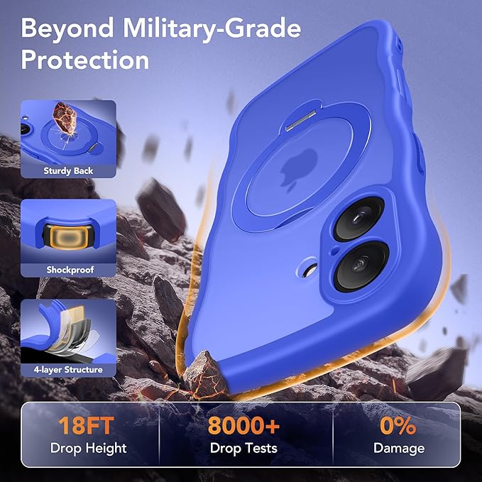 for iPhone 16 Case, [Compatible with Magsafe][360° Spin Magnetic Stand][Military-Grade Protection][Camera Control][Cute Wave Edge]Translucent Matte Women Phone Cover for iPhone 16,Ultramarine