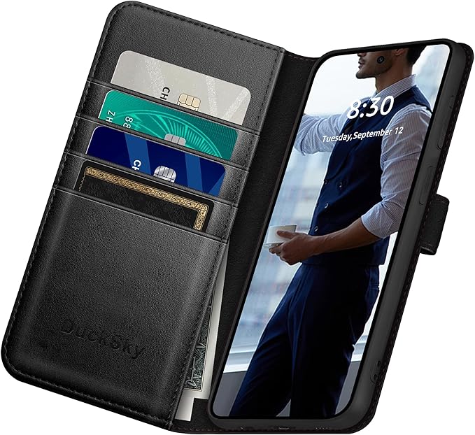 Compatible with Samsung Galaxy S25 Genuine Leather Wallet case【RFID Blocking】【4 Credit Card Holder】【Real Leather】 Flip Folio Book Phone case Cover Women Men for Samsung S25 case Black