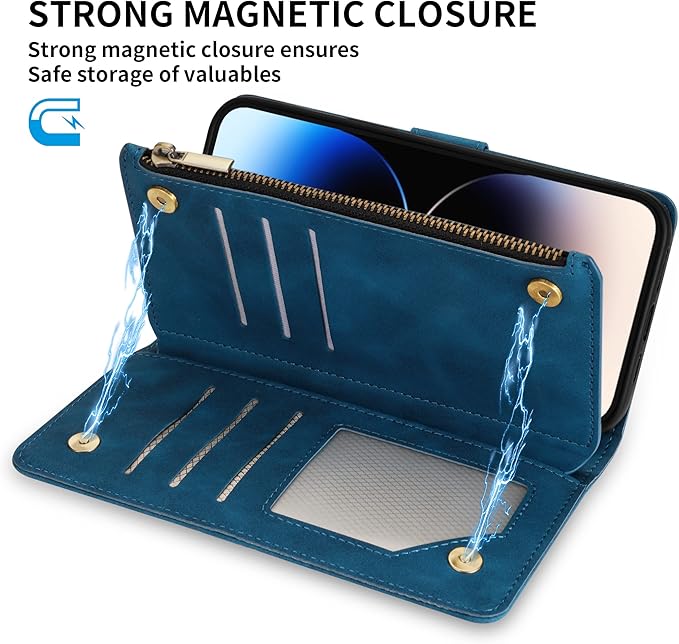 ZZXX for iPhone 14 Pro Case Wallet with [RFID Blocking] Card Slot Premium Soft PU Leather Zipper Flip Folio with Wrist Strap Kickstand Protective Cover for iPhone 14 Pro Wallet Case(Blue-6.1 inch)