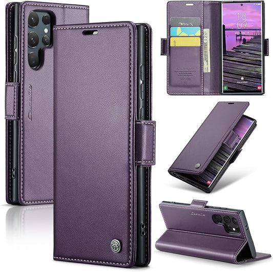 AUPAI for Samsung Galaxy S25 Ultra Wallet Case with Credit Card Holder, PU Leather RFID Blocking Folio Flip Kickstand Magnetic Clasp Protective Phone Cover for Women Men Purple