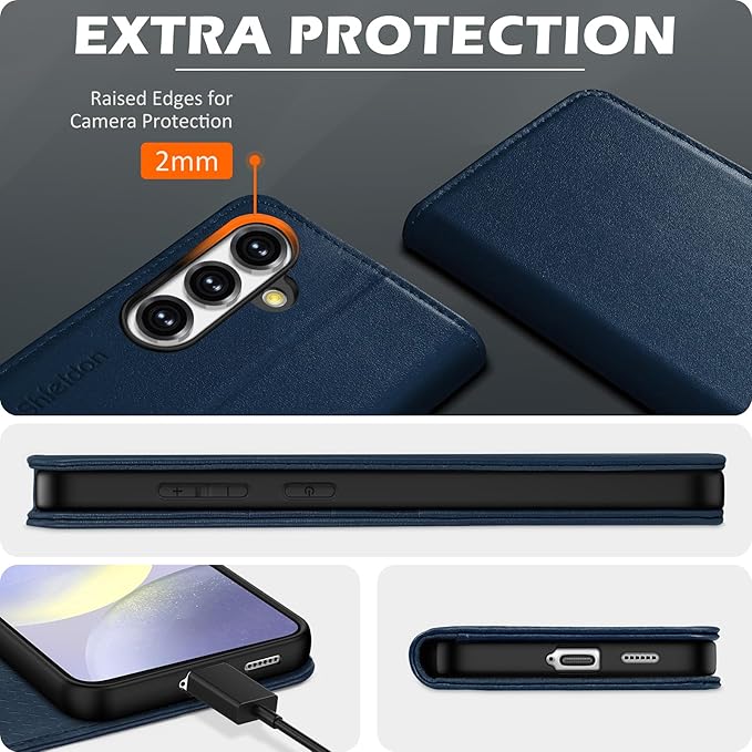 SHIELDON Case for Galaxy S25 Plus 5G 6.7", Genuine Leather Flip Wallet Case Kickstand RFID Blocking Credit Card Holder Magnetic Shockproof Cover Compatible with Galaxy S25+ 2025 - Nappa Navy Blue