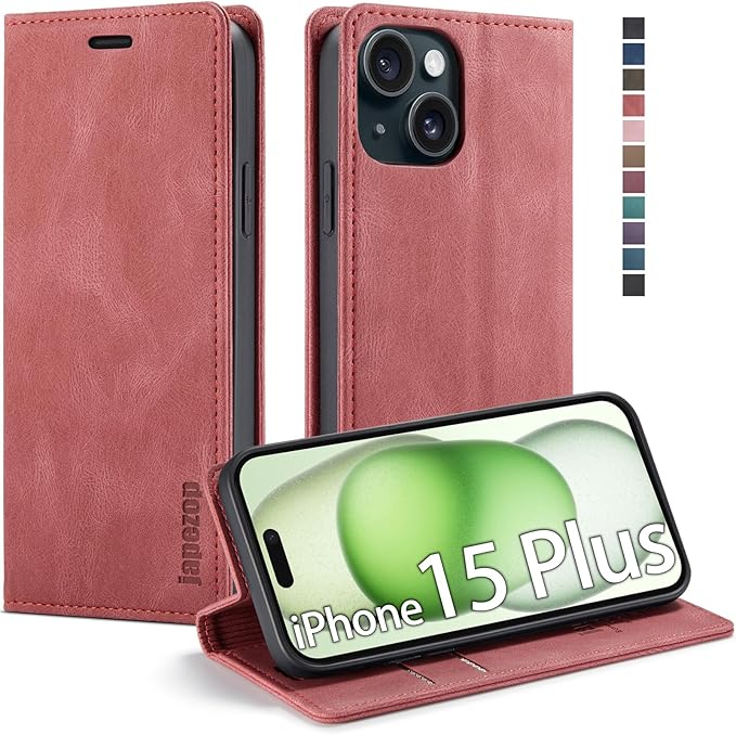 japezop iPhone 15 Plus 5G Wallet Case with RFID Blocking, Card Holder Kickstand Magnetic Leather Flip Case Wallet for iPhone 15 Plus 5G 6.7 Inch(Red)