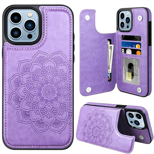 MMHUO for iPhone 15 Pro Max Case with Card Holder,Flower Magnetic Buttons Protective Wallet Case for Women for iPhone 15 Pro Max,Purple