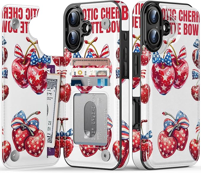 FUNMIKO for iPhone 16 Plus Wallet Case with Card Holder, RFID-Blocking, Military-Grade Protection & UV-Printed Artwork, Magnetic Closure with Leather Kickstand - Cherries with Bow