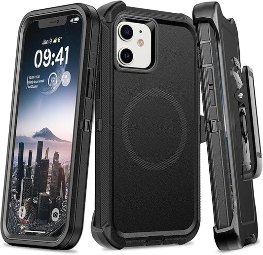 for iPhone 12 & 12 Pro Case with Belt Clip Holster, Anti-Shock, Anti-Slip, Compatible with MagSafe, 3-Layer Drop Protection, Heavy Duty Magnetic Phone Case Cover 12 6.1", Black