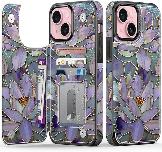 FUNMIKO for iPhone 15 Plus Wallet Case with Card Holder, RFID-Blocking, Military-Grade Protection & UV-Printed Artwork, Magnetic Closure with Leather Kickstand - Dreamy Lotus