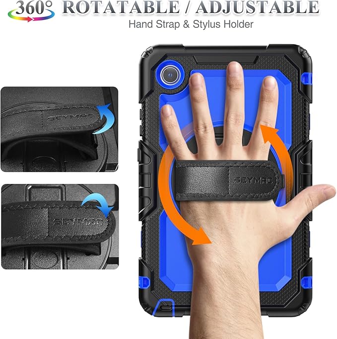 SEYMAC stock Tablet Case for Lenovo Tab One (TB305FU) 8.7 inch Drop-Proof Protection Cover with 360° Rotate Stand & Strap [Pen Holder] & Screen Protector/K9 2025, Blue+Black