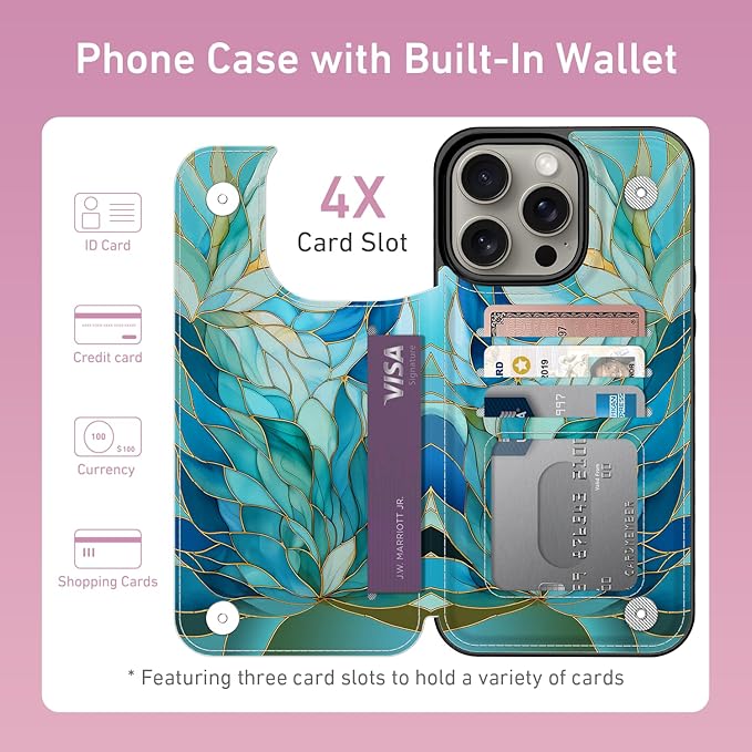 FUNMIKO for iPhone 15 Pro Max Wallet Case with Card Holder, RFID-Blocking, Military-Grade Protection & UV-Printed Artwork, Magnetic Closure with Leather Kickstand - Sleek Cyan Leaf