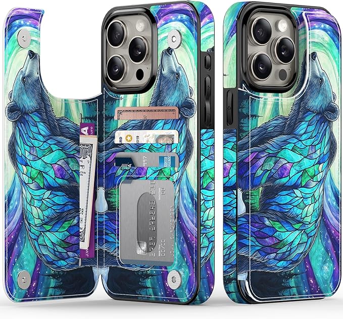 FUNMIKO for iPhone 14 Pro Max Wallet Case with Card Holder, RFID-Blocking, Military-Grade Protection & UV-Printed Artwork, Magnetic Closure with Leather Kickstand - Prismatic Aurora Bear