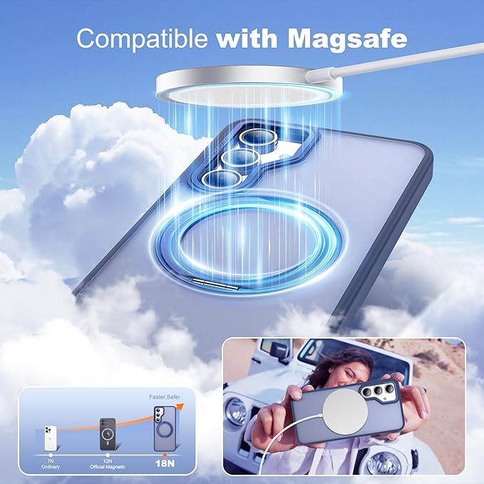 for Samsung Galaxy S23 FE Case with 360° Rotatable Magnetic Ring Stand Compatible with Mag-Safe Military Protection Shockproof Matte Translucent Phone Cases for S23 FE,Blue