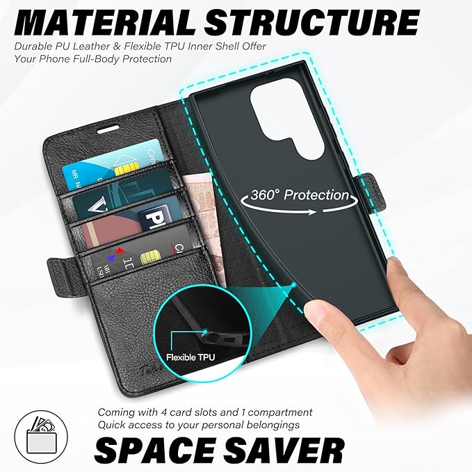 TUCCH Wallet Case for Galaxy S25 Ultra, Magnetic PU Leather Stand [RFID Blocking] Card Slots Protective Folio Cover with [TPU Shockproof Interior Case] Compatible with Galaxy S25 Ultra, Textured Black