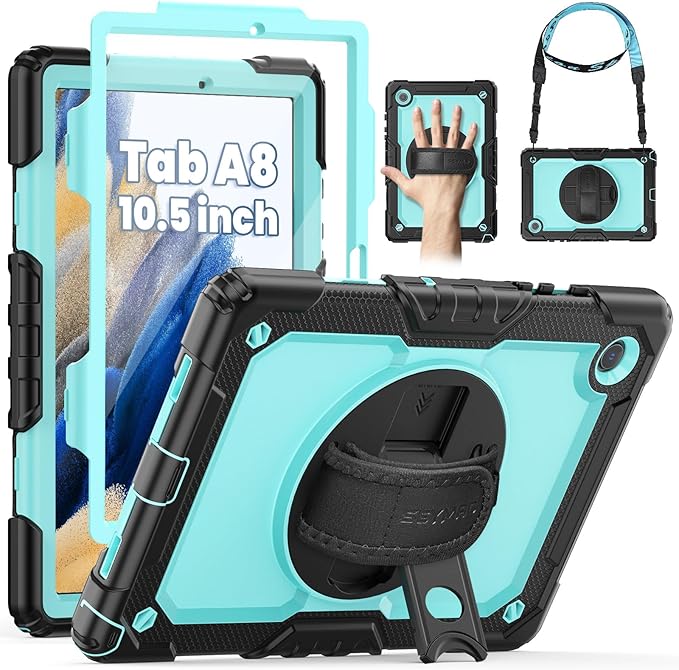SEYMAC for Samsung Galaxy Tab A8 Case 10.5 (SM-X200/ X205/ X207), Heavy Duty Full-Body Shockproof Protective Case with Screen Protector, Rotating Stand, Hand/Shoulder Strap and Pen Holder, Sky Blue