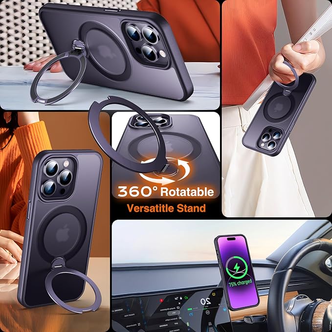 360° O-Ring MagStander for iPhone 14 Pro Case with Magnetic Kickstand Ring Holder [Compatible with MagSafe][360°Rotate Stand Ring][Military Shockproof] iPhone 14 Pro Phone Cover Matte Purple