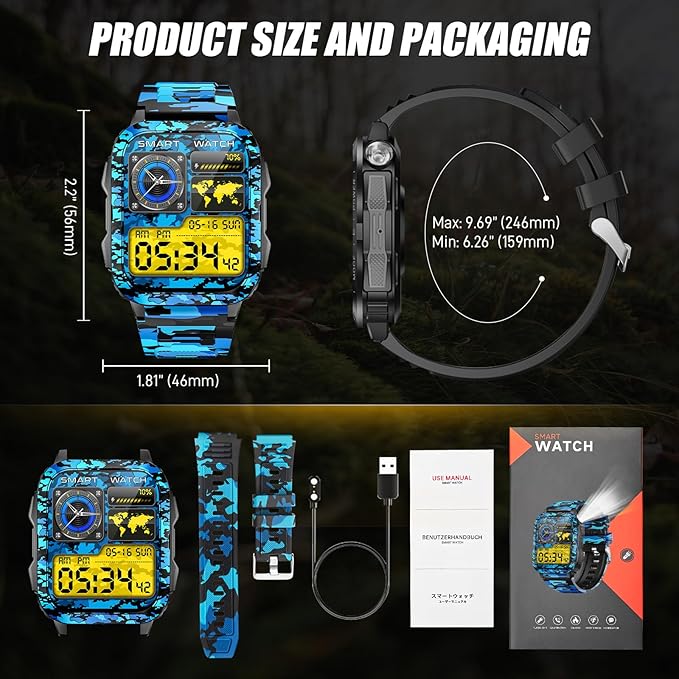 Military Smart Watch for Men with Call/LED Flashlight/UV Light 1.96" Big Screen 3ATM Waterproof Rugged Tactical Smartwatch Fitness Tracker with HR/Sleep Monitor for iPhone Android