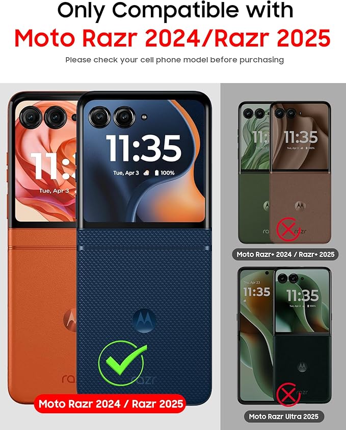 for Motorola Razr 2025 Case/Razr 2024 Case, Built-in Screen Protector & Hinge Protection & 360° Spin Stand & Hand Strap, Slim Genuine Leather Shockproof Phone Case for Razr 2025/2024(Black)