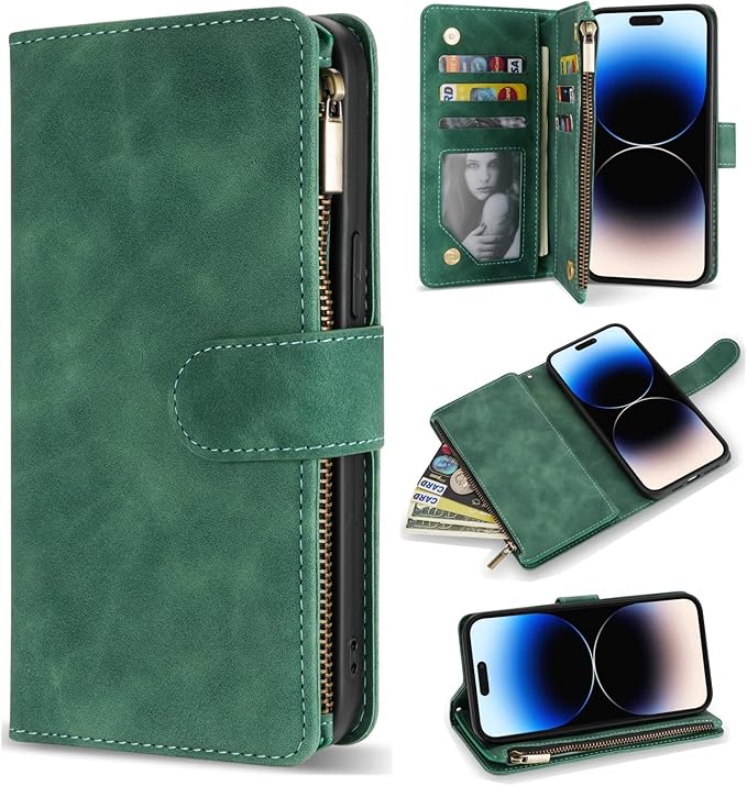 ZZXX for iPhone 14 Pro Max Case Wallet with [RFID Blocking] Card Slot Soft PU Leather Zipper Flip Folio with Wrist Strap Kickstand Protective Cover for iPhone 14 Pro Max Wallet Case(Green-6.7 inch)