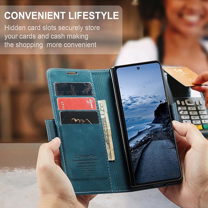 Wallet Case for Samsung Galaxy Z Fold 7 Leather Wallet Flip Cover with Card Holder, Kickstand, Magnetic Closure, RFID Blocking TPU Shockproof Phone Case Compatible with Fold 7, Blue-Green