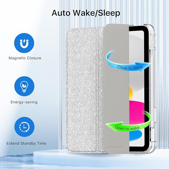 MoKo for iPad (A16) 11th Generation Case 11 Inch 2025, iPad 10th Gen Case 10.9 Inch 2022 with Pencil Holder, Slim Light Trifold Protective Cover with Hard PC Transparent Back Shell, Sparkling Silver