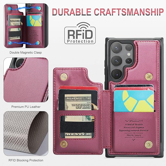 Vinich for Samsung Galaxy S25 Ultra Wallet Case with Card Holder, RFID Blocking Credit Slots Kickstand Shockproof Phone Cover for Women Men, Wine Red