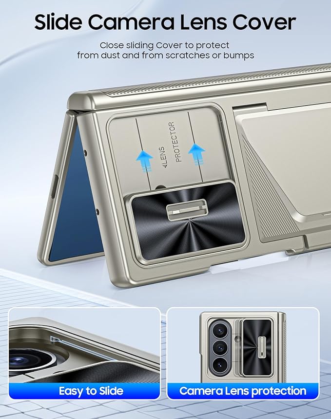 for Samsung Galaxy Z Fold 7 Case with Card Holder RFID Blocking, Built in Slide Lens Cover & Hinge Protection & Screen Protector, Shockproof Wallet Case for Z Fold 7 (Titanium Gold)