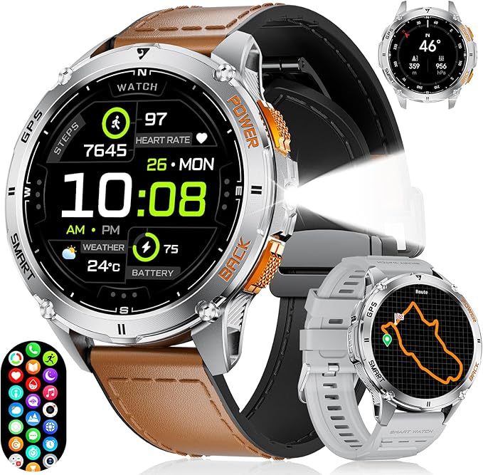 GPS Smart Watch for Men LED Flashlight, 530mAh Extra Large Battery, 1.43'' AMOLED Military Smartwatch Answer/Make Call with Heart Rate SpO2 Sleep Monitor for Android iOS Silver
