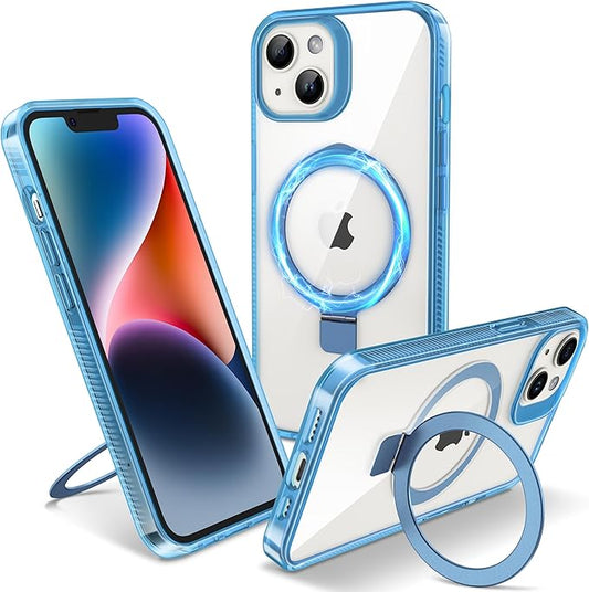 Magnetic Case for iPhone 13/14 - [Built-in Invisible Stand] [Compatible with MagSafe] [Military Grade Drop Protection] Anti-Yellowing Hard Back Silicone Edge Cover, 6.1", Clear Blue