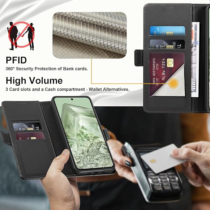 Wallet Flip Case for Google Pixel 8 - [RFID Blocking] Luxury PU Leather Card Holder Magnetic Phone Cover with Kickstand,Shockproof Protective Case,Black