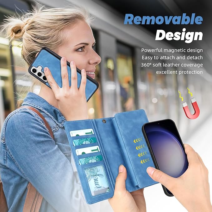 TwoHead for Samsung Galaxy S23 Wallet Case with Card Holder & Detachable Magnetic Phone Case for Galaxy S23,PU Leather Shockproof Protective Phone Cover Wallet with Wrist Strap(6.1 in,Sky Blue)