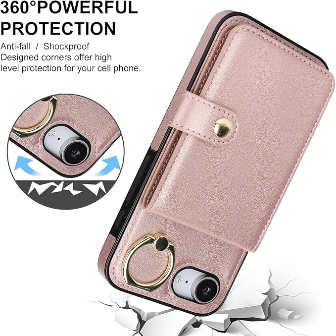 Compatible iPhone 16e Wallet Case with Card Holder RFID Blocking PU Leather Doubles as a Wallet Unisex Flip Shockproof Protection with Card Slots Ring Wrist Kickstand Function,Rose Gold