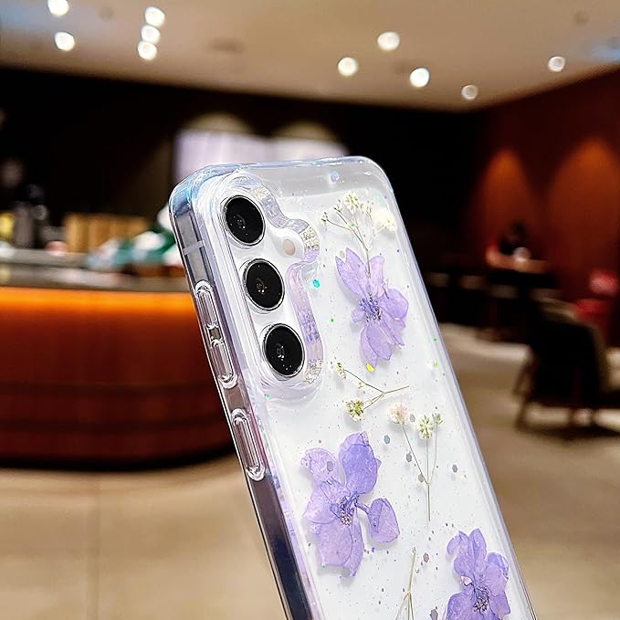 Compatible with Samsung Galaxy S25 Case Cute Pressed Dried Real Flowers Design Women Girly Shockproof Hard PC+ TPU Bumper Floral Phone Cover for Galaxy S25 (Light Purple)