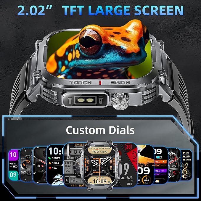 Military Smart Watches for Men with LED Flashlight Compass (Answer/Make Call) 2.02" Screen Waterproof Smartwatch with Sport Modes Health Monitor 400mAh Rugged Smartwatch for iPhone Android (2 Straps)