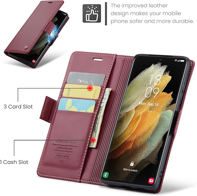 AUPAI for Samsung Galaxy S21 Ultra Wallet Case with Credit Card Holder, PU Leather RFID Blocking Folio Flip Kickstand Magnetic Clasp Protective Phone Cover for Women Men Wine Red