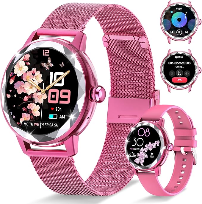 Smart Watch for Women with Make/Answer Call, 1.2" Adjustable Fitness Watch with Heart Rate Sleep Monitor Female Cycle and 100+ Sports Modes (W02-Rose Pink)