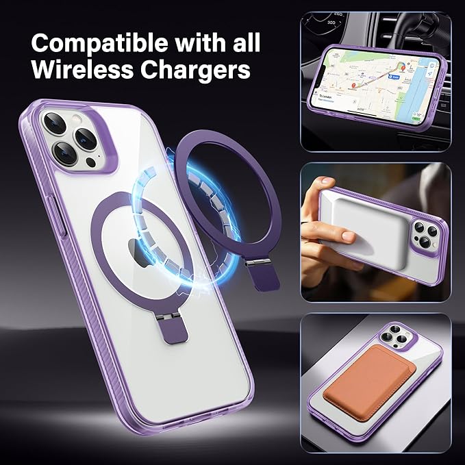 Magnetic Case for iPhone 13 Pro - [Built-in Invisible Stand] [Compatible with MagSafe] [Military Grade Drop Protection] Anti-Yellowing Hard Back Silicone Edge Cover, 6.1", Clear Purple