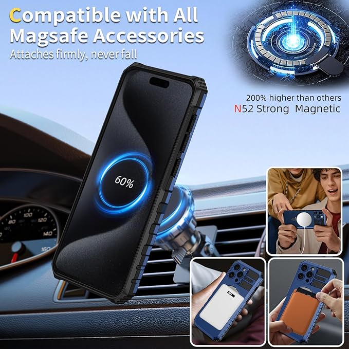 Magnetic for iPhone 14 Pro Max Case Compatible with MagSafe Wireless Charging,for 15 Pro Max Case with 2 Screen Protectors,Built-in Kickstand Ring,Shockproof Heavy Duty Protection,Blue