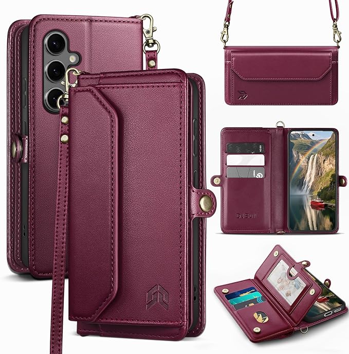 DJBull for Samsung Galaxy S25 Wallet Case with Card Holder, Shoulder and Wristlet Straps, Soft PU Leather, Magnetic Snap, Flip Phone Case for Women Men for Samsung S25 Wine Red