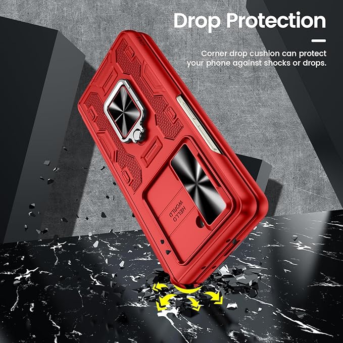 VEGO for Galaxy Z Fold 5 Case with Hinge Protection, Belt Clip Holster & 360°Ring Magnetic Kickstand & Camera Cover & Front Screen Protector Shockproof Cover - Vibrant Red