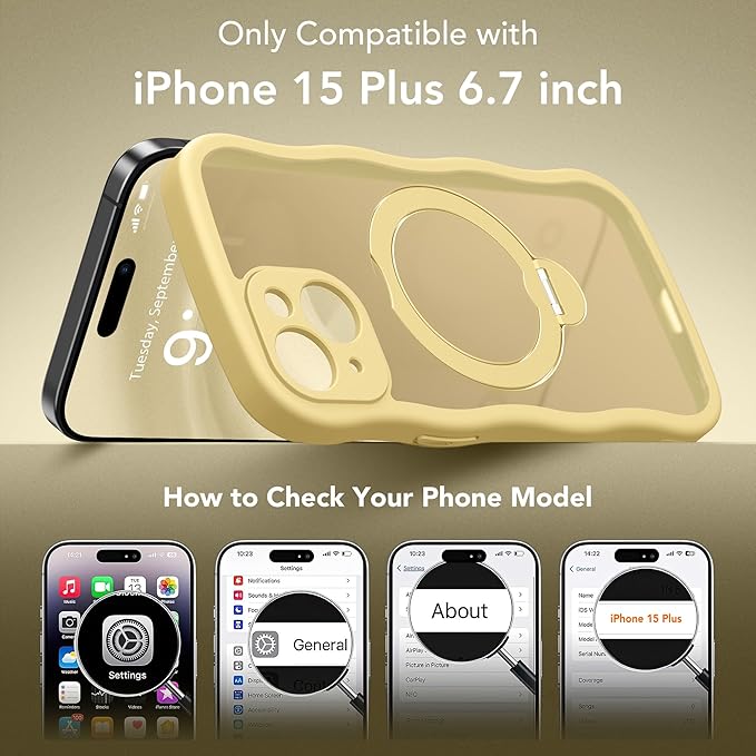 for iPhone 15 Plus Case for Women,[Compatible with Magsafe][360° Spin Magnetic Stand][Cute Wave Edge][Military-Grade Protection]Translucent Matte Phone Case for iPhone 15 Plus, Jasmine Yellow