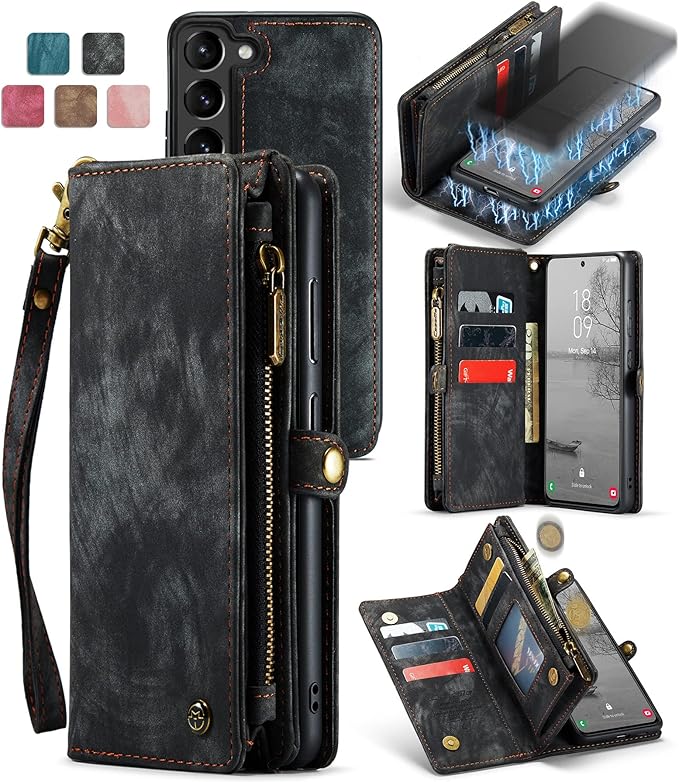 SZHAIYU 2 in 1 Detachable for Samsung Galaxy S23 Wallet Case with Card Holder, Retro Premium Flip Leather Cover Magnetic Zipper Pocket Phone Cases 6.1'' (Black,S23)