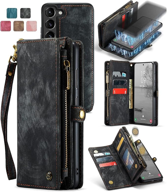 SZHAIYU 2 in 1 Detachable for Samsung Galaxy S23 Wallet Case with Card Holder, Retro Premium Flip Leather Cover Magnetic Zipper Pocket Phone Cases 6.1'' (Black,S23)