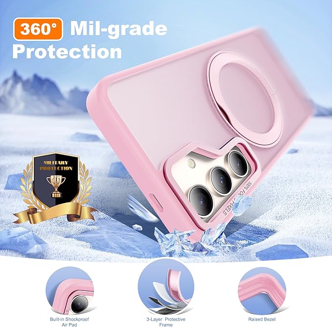 Compatible with Samsung Galaxy S24 Case with 360Rotatable Magnetic Ring Stand Compatible with Mag-Safe Military Protection Shockproof Translucent Phone Case for S24 6.2",Pink
