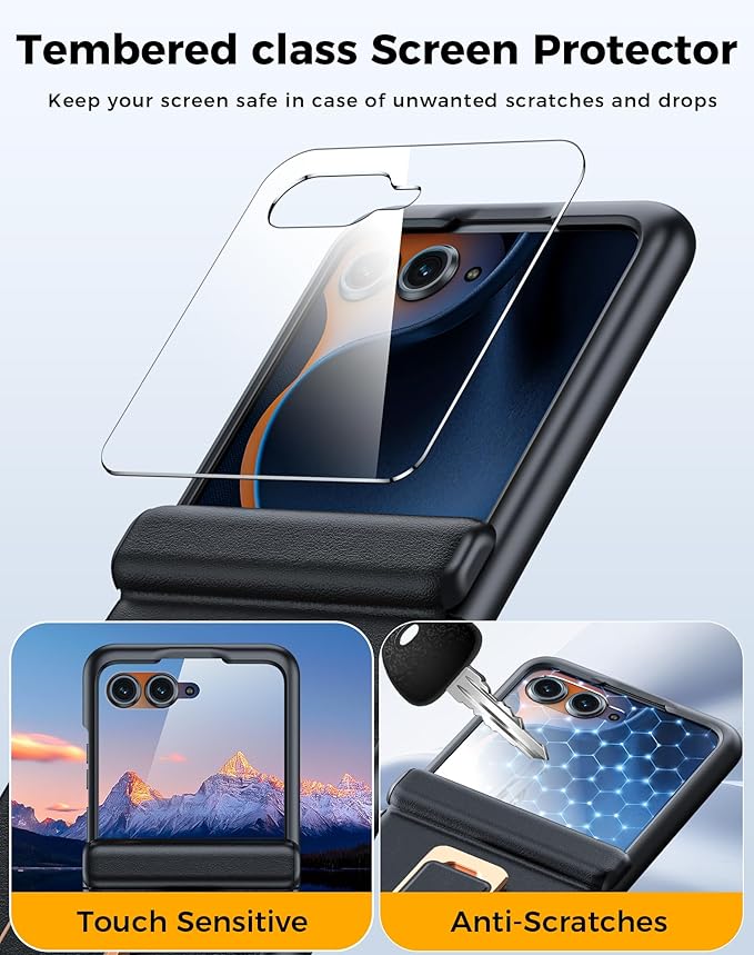 for Motorola Razr 2025 Case/Razr 2024 Case, Built-in Screen Protector & Hinge Protection & 360° Spin Stand & Hand Strap, Slim Genuine Leather Shockproof Phone Case for Razr 2025/2024(Black)