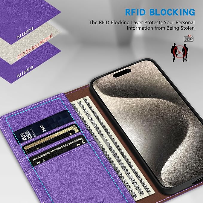 ZZXX for iPhone 15 Pro Max Wallet Case with [RFID Blocking] Card Slot Stand Strong Magnetic Leather Flip Fold Protective Phone Case for iPhone 15 Pro Max Case Wallet(Purple-6.7 inch)