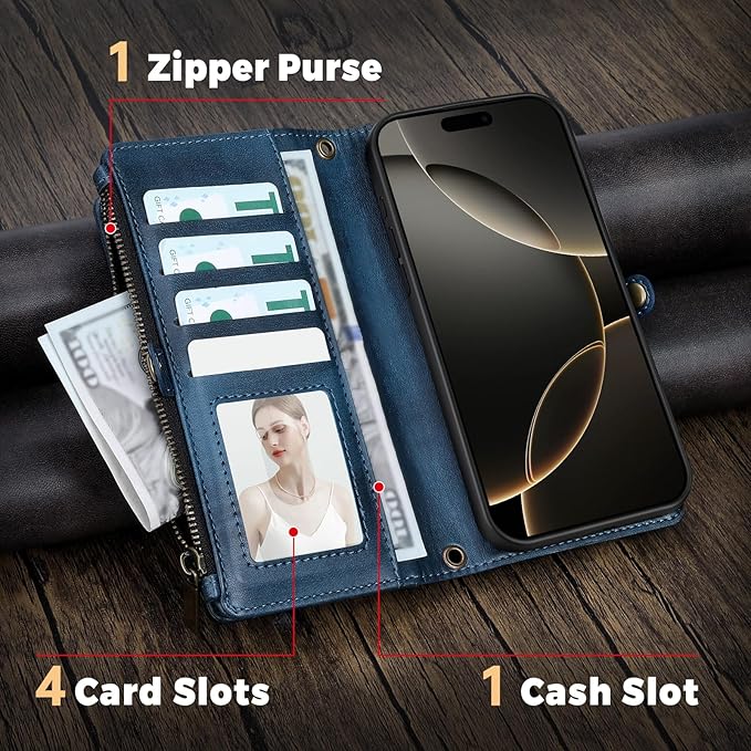 for iPhone 16 Pro Max Wallet Phone Case with 8 Card Holder,RFID Blocking | PU Leather | Kickstand | Flip | Wrist Strap&Shoulder Strap | Shockproof | Zipper Wallet | Women Men | 6.9" | Blue