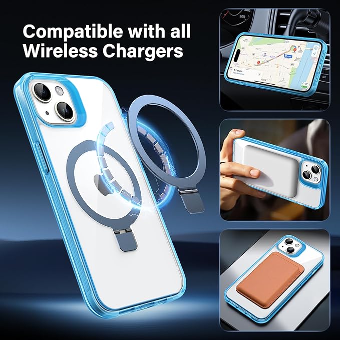 Magnetic Case for iPhone 15 Plus - [Built-in Invisible Stand] [Compatible with MagSafe] [Military Grade Drop Protection] Anti-Yellowing Hard Back Silicone Edge Cover, 6.7", Clear Blue