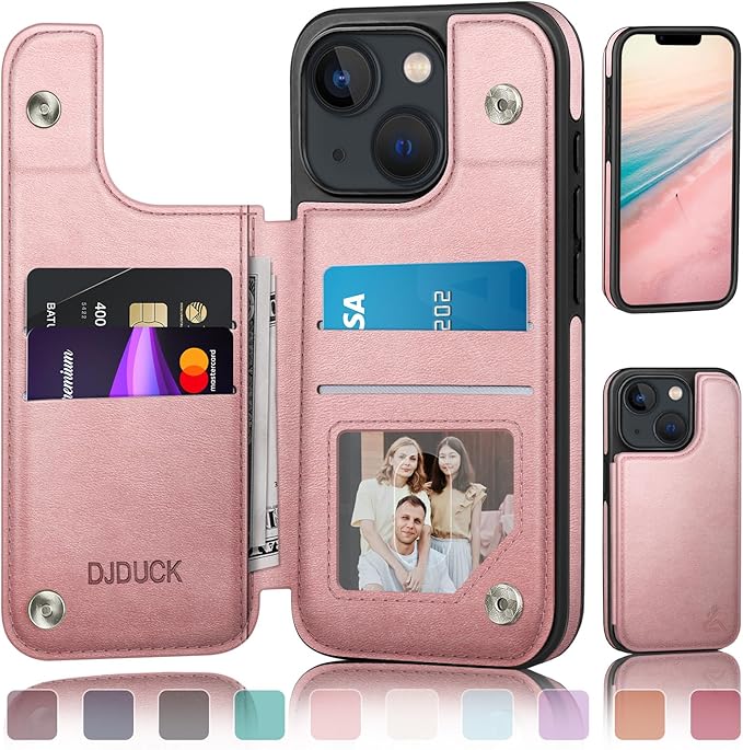 DJDUCK Designed for iPhone 14 Case Wallet with Card Holder, [Magnetic Clasp Cover] [RFID Blocking Leather Protection] Shockproof Women Men Cases 6.1 Inch for Apple 14 Rose Gold