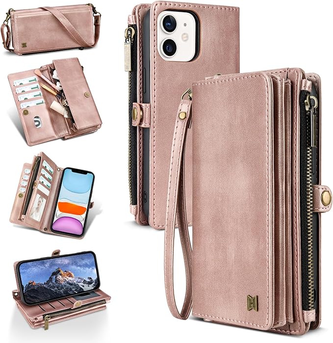 for iPhone 12&12 Pro Wallet Phone Case with 7 Card Holder,RFID Blocking | PU Leather | Kickstand | Flip | Wrist Strap&Shoulder Strap | Shockproof | Zipper Wallet | Women Men | 6.1" | Rose Gold